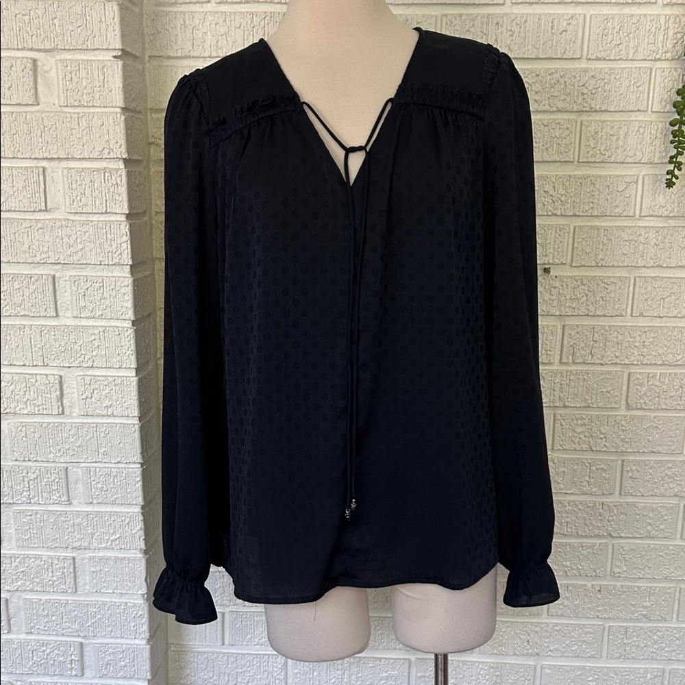 Current Air- Navy shadow dot print  Blouse with Tie Detail Ruffle long sleeve